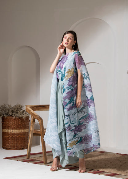 MOON LIGHT BLUE FLOWER PRINT KAFTAN & DHOTI SET