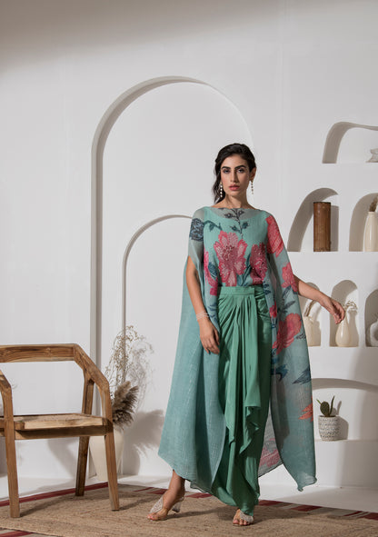 DUSTY JADE GREEEN FLOWER KAFTAN WITH DHOTI SET