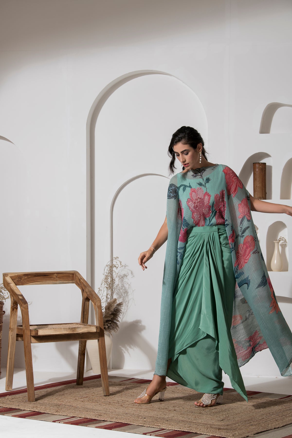 DUSTY JADE GREEEN FLOWER KAFTAN WITH DHOTI SET