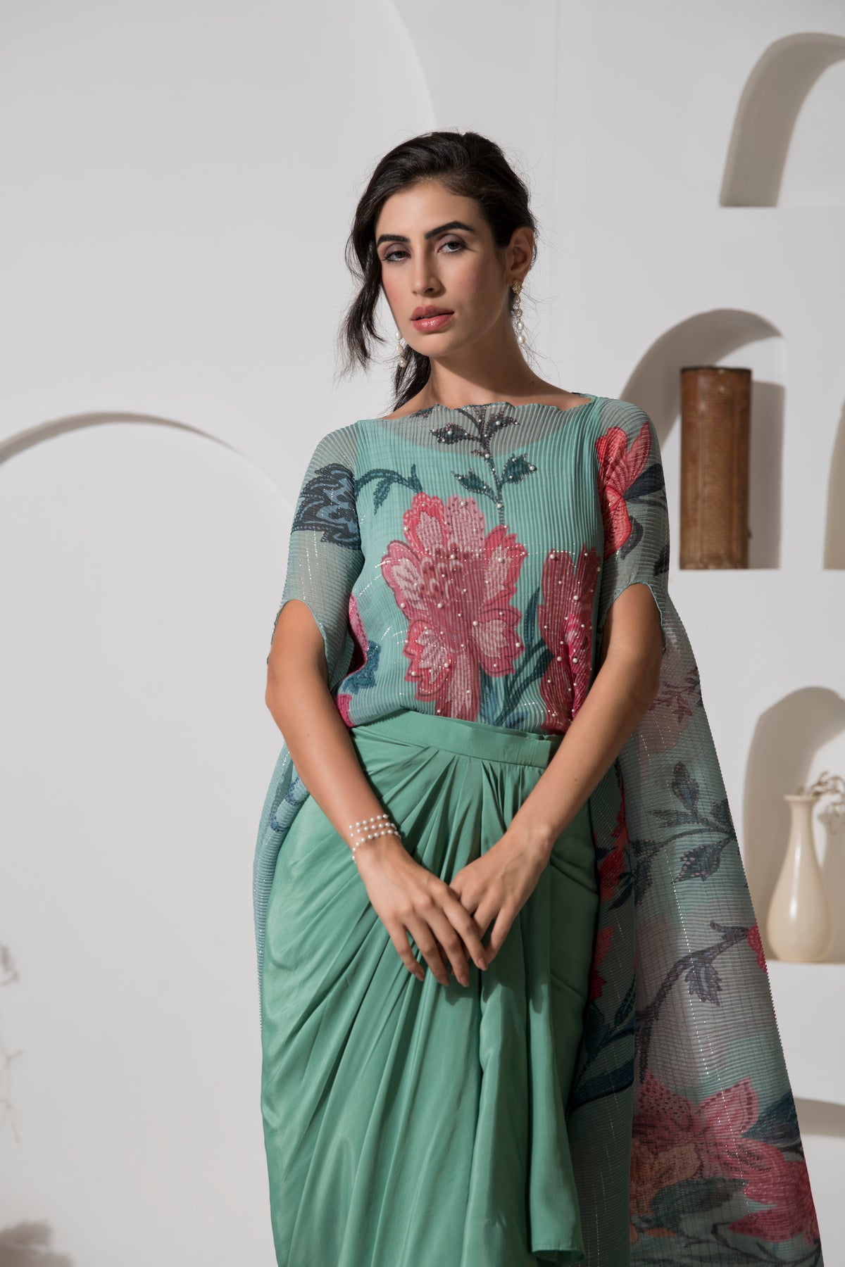 DUSTY JADE GREEEN FLOWER KAFTAN WITH DHOTI SET