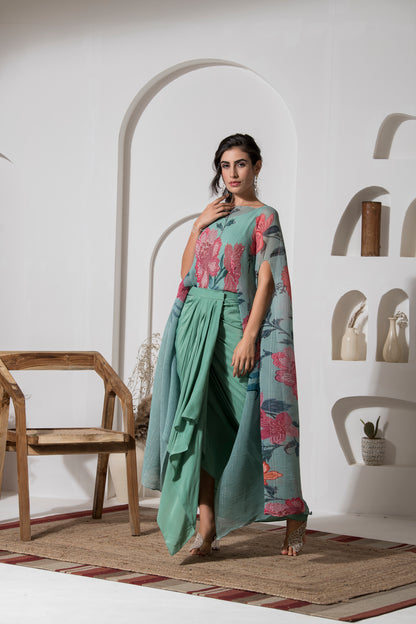 DUSTY JADE GREEEN FLOWER KAFTAN WITH DHOTI SET