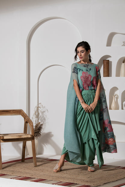 DUSTY JADE GREEEN FLOWER KAFTAN WITH DHOTI SET