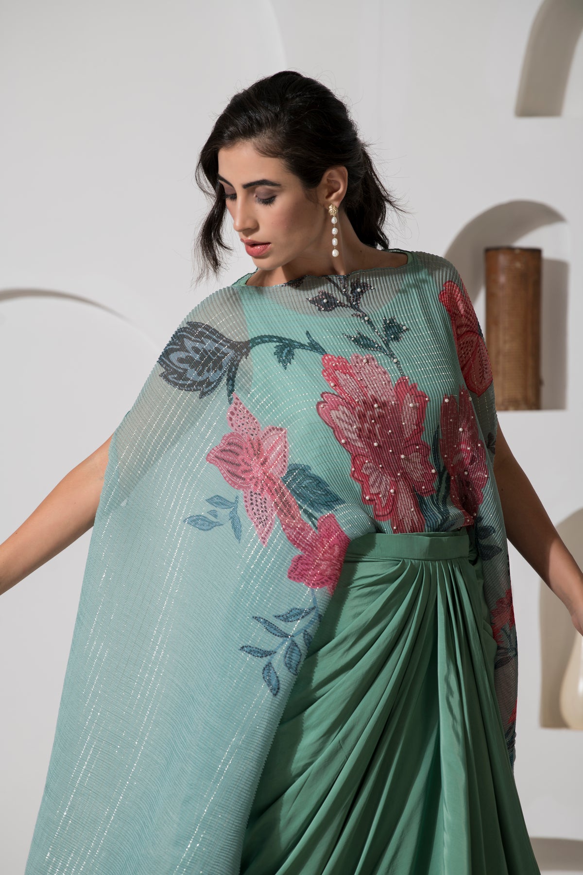 DUSTY JADE GREEEN FLOWER KAFTAN WITH DHOTI SET