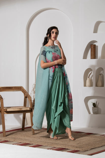 DUSTY JADE GREEEN FLOWER KAFTAN WITH DHOTI SET