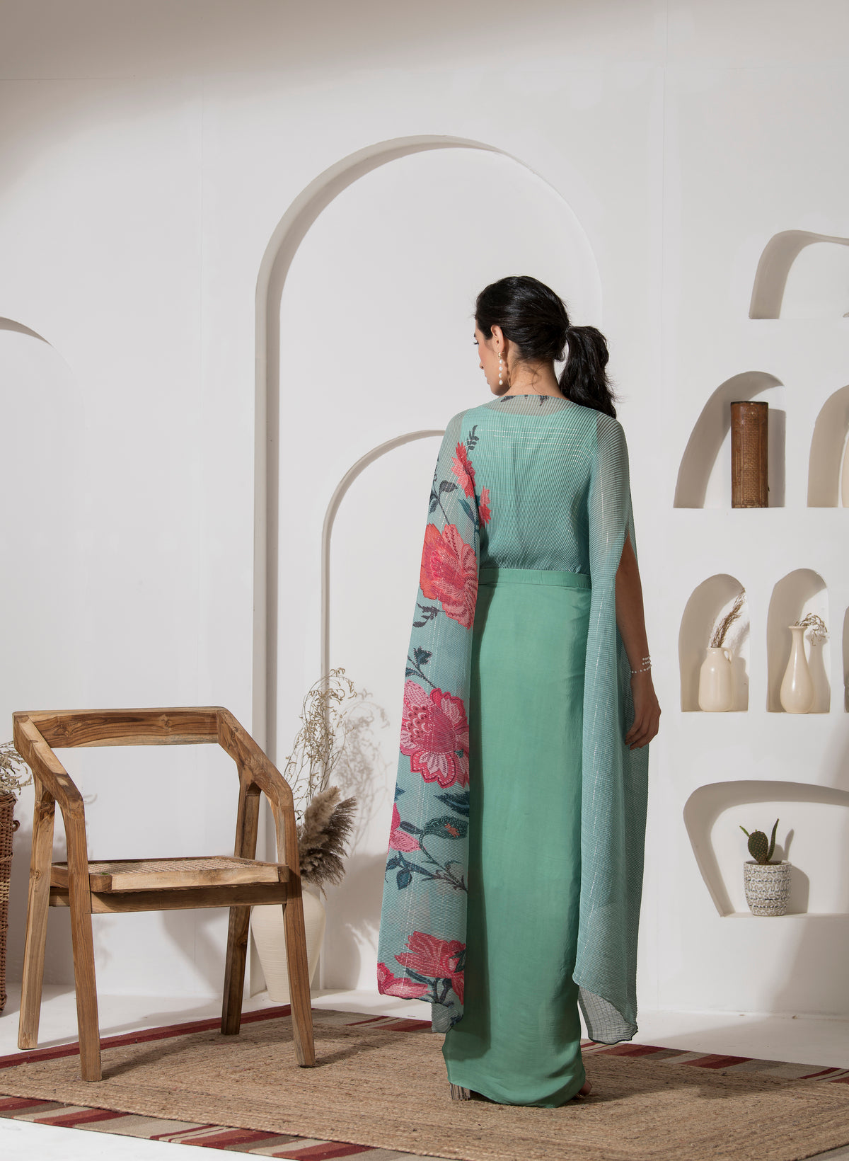 DUSTY JADE GREEEN FLOWER KAFTAN WITH DHOTI SET