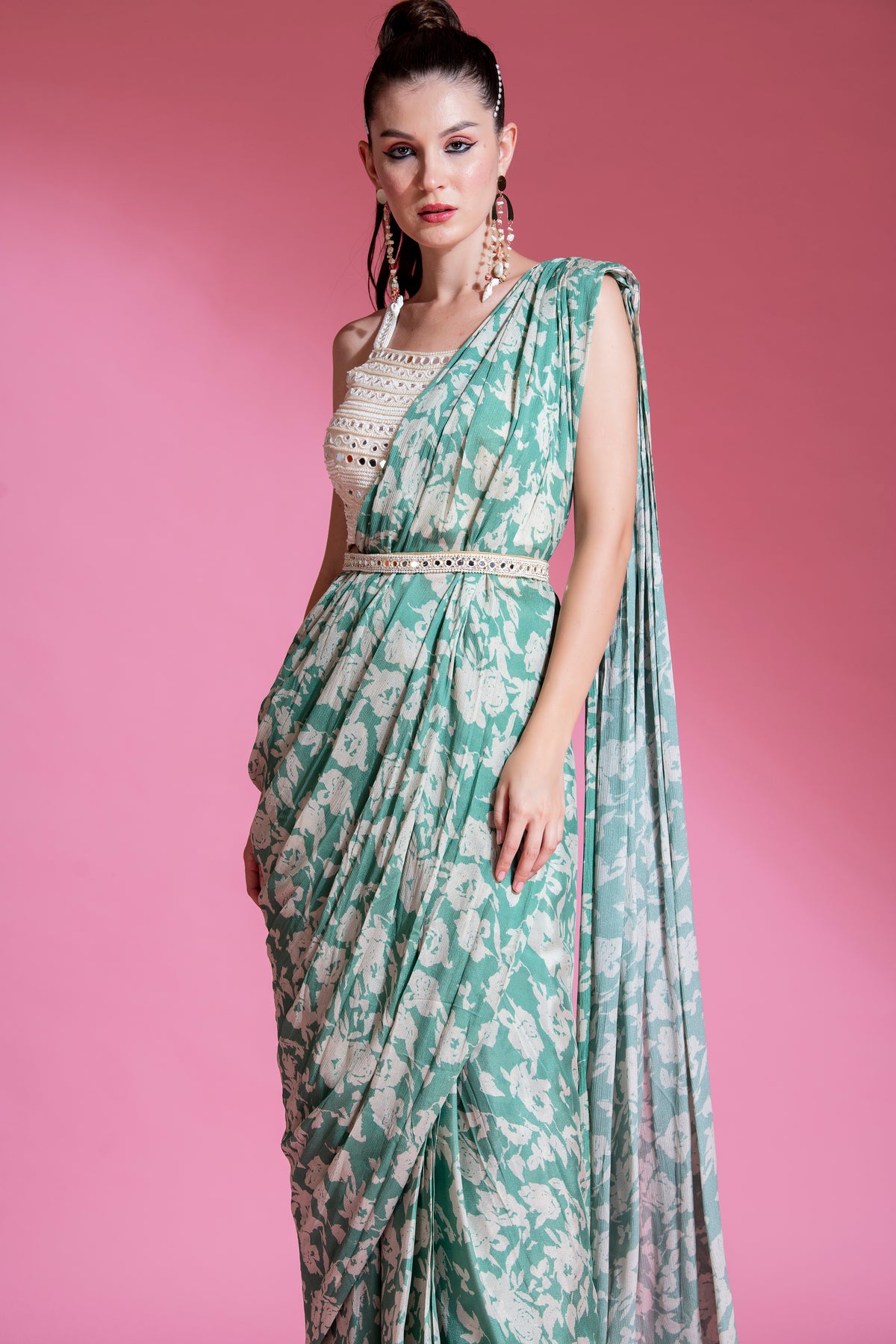 PRE-DRAPED JADE GREEN SAREE