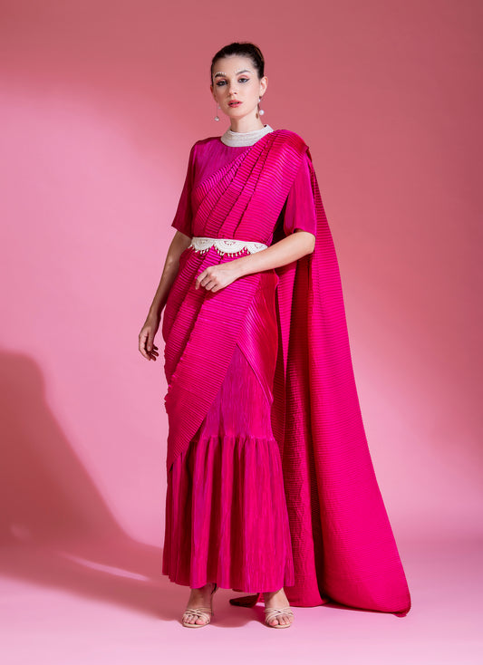 HOT PINK SAREE EMBRODED NECK BLOUSE WITH BELT