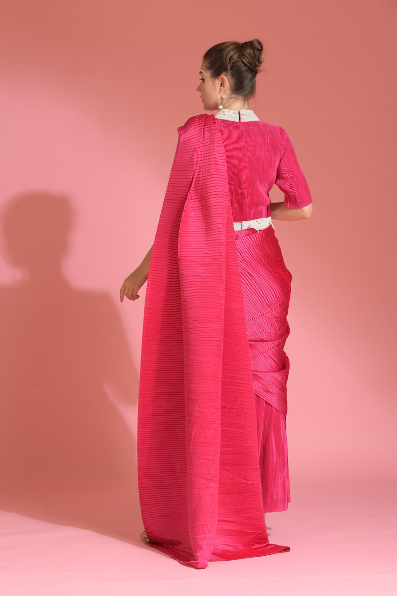 HOT PINK SAREE EMBRODED NECK BLOUSE WITH BELT