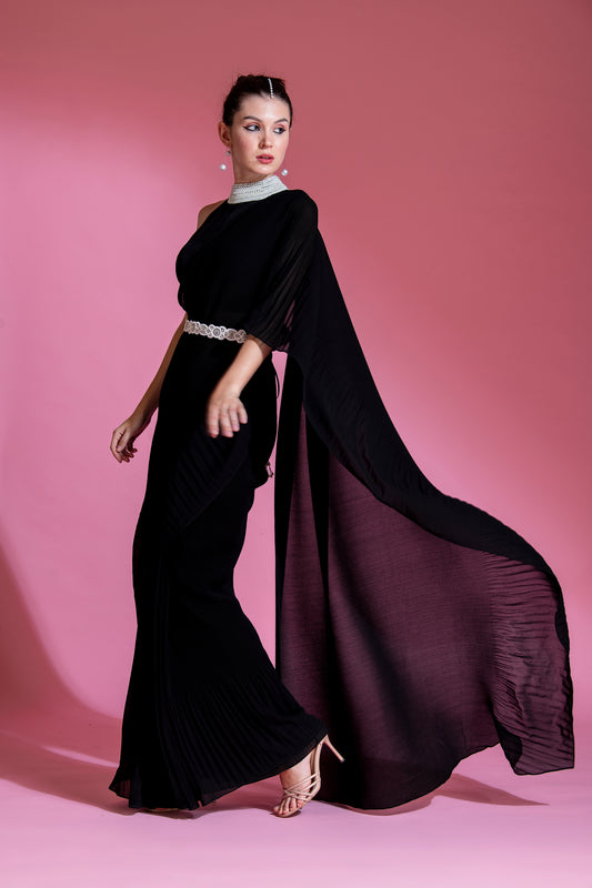 PRE-DRAPED MIDNIGHT BLACK SAREE