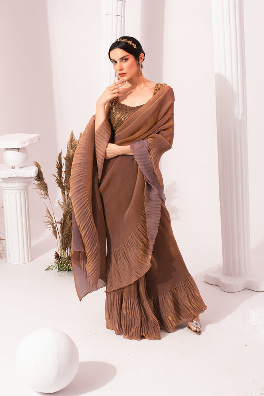 METALIC CHESTNUT PRE-DRAPED SAREE