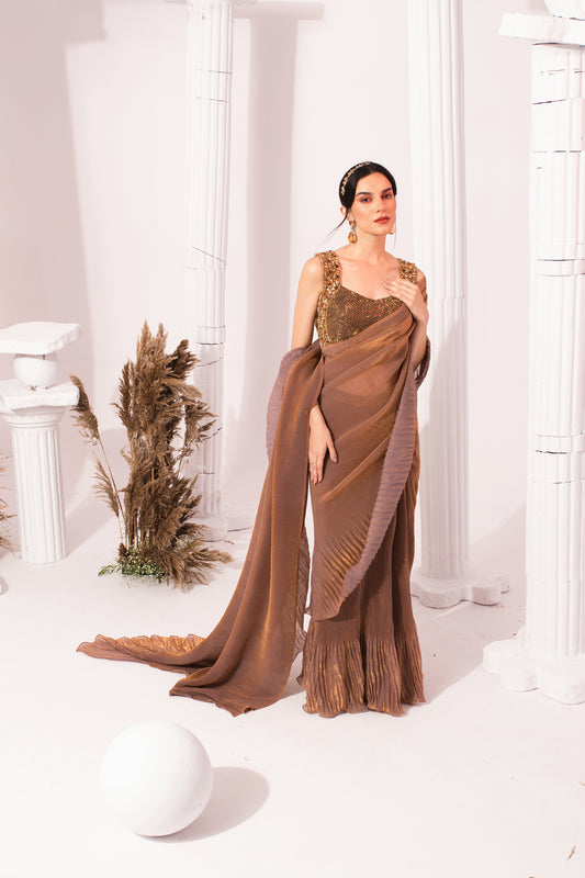 METALIC CHESTNUT PRE-DRAPED SAREE
