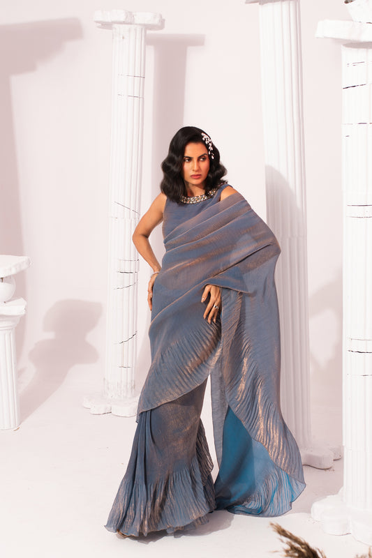 METALIC STEEL BLUE PRE-DRAPED SAREE