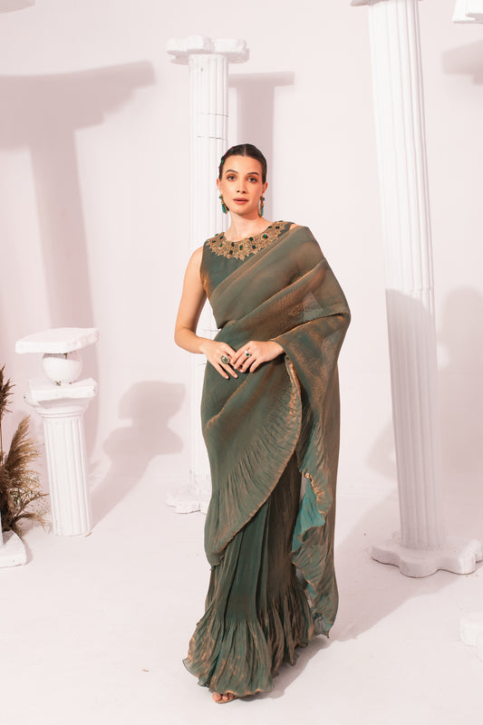 METALIC MOSS GRENN PRE-DRAPRED SAREE