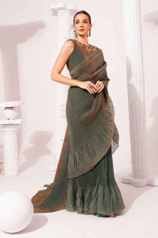 METALIC MOSS GRENN PRE-DRAPRED SAREE