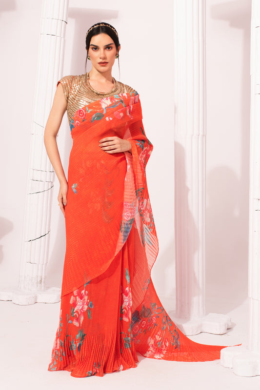 WILDFLOWER MUSE ORANGEY RED PRE-DRAPED SAREE
