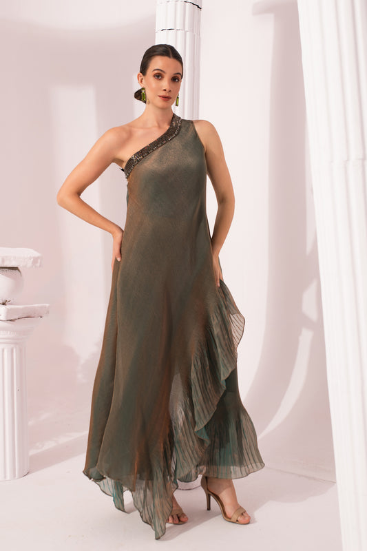 METALIC MOSS GREEN ONE SHOULDER DRESS