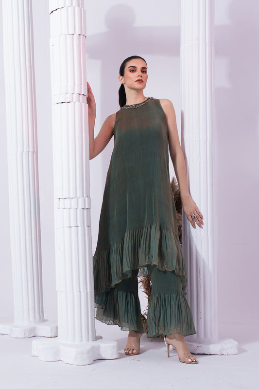 METALIC MOSS GREEN HIGH NECK KURTA SET