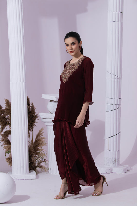 METALIC WINE RED KURTA DHOTI SET
