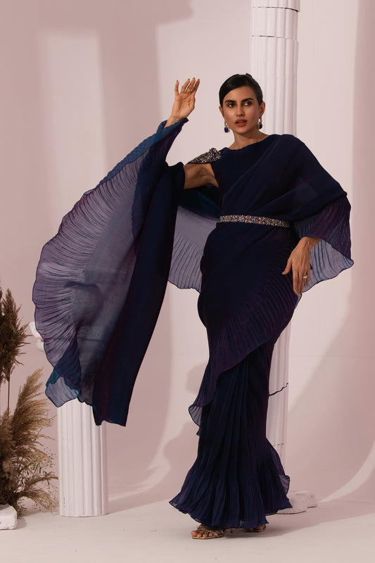 METALIC PEACOCK BLUE PRE-DRAPED SAREE