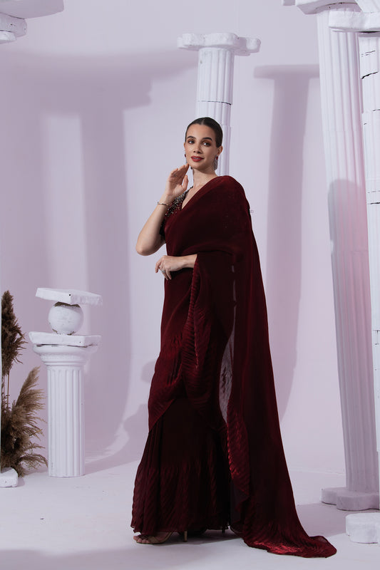 METALIC WINE RED PRE-DRAPED SAREE