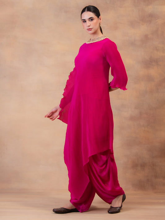 FUCHSIA FLOW  DRAPE TUNIC WITH DHOTI PANTS