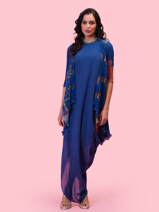 BRAHMAND BLUE DRAPED DRESS WITH OVERLAY JACKET