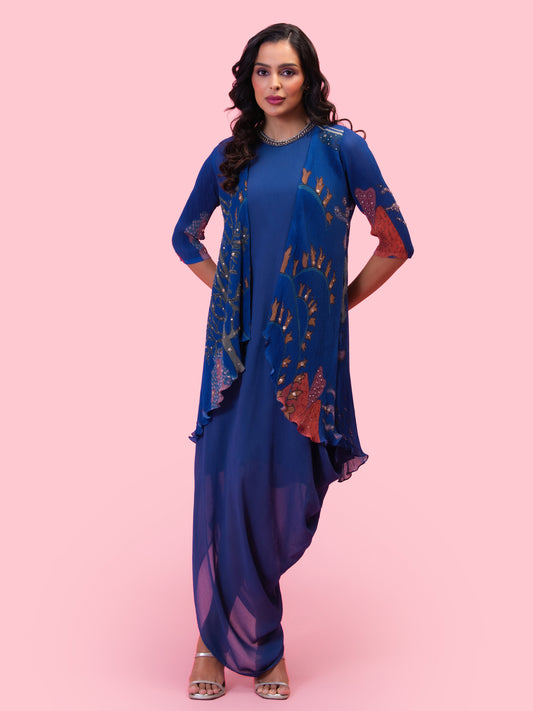 'BRAHMAND BLUE' DRAPED DRESS WITH OVERLAY JACKET
