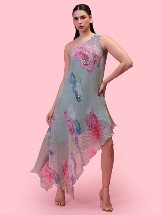 'PETALS BREEZE' SOFT PISTACHIO ONE SHOULDER DRESS