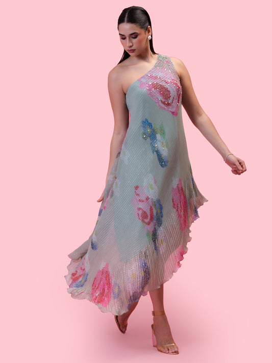 PETALS BREEZE SOFT PISTACHIO ONE SHOULDER DRESS