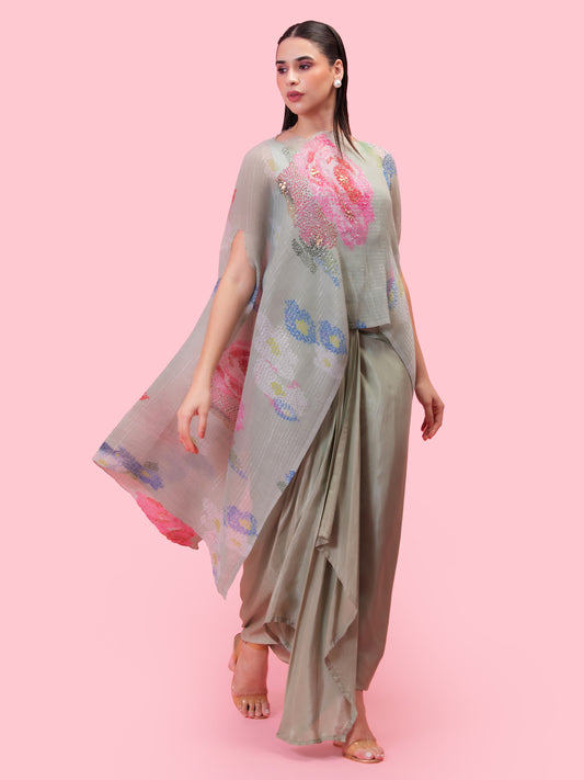 PETALS BREEZE SOFT PISTACHIO KAFTAN AND DRAPE SKIRT