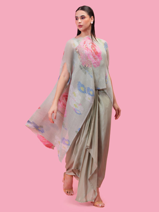 PETALS BREEZE SOFT PISTACHIO KAFTAN AND DRAPE SKIRT
