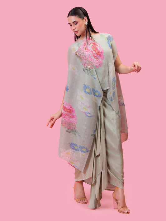 PETALS BREEZE SOFT PISTACHIO KAFTAN AND DRAPE SKIRT