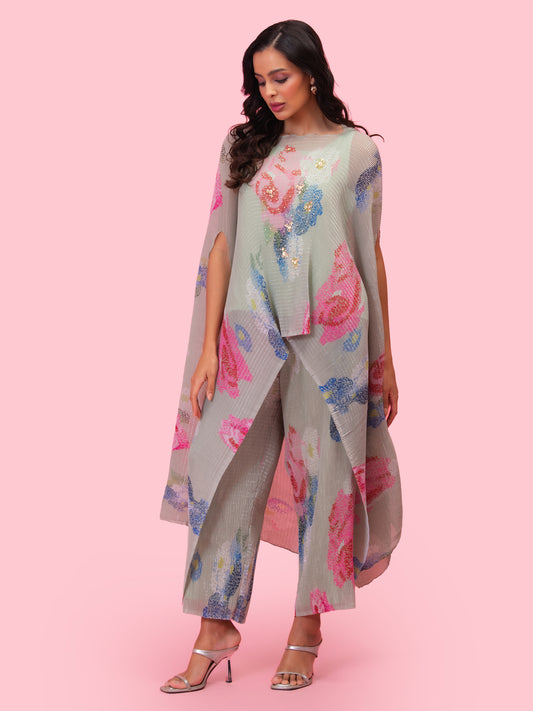 'PETALS BREEZE' SOFT PISTACHIO KAFTAN AND PANT