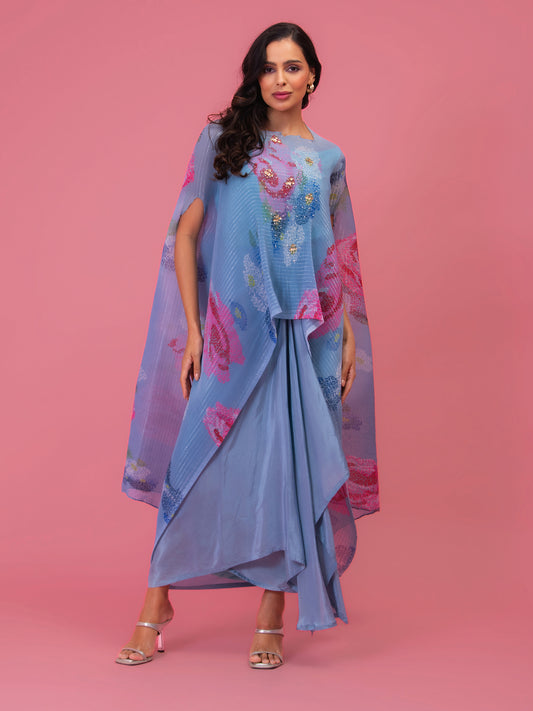 'PETALS MOONLIT BLUE' KAFTAN AND DRAPE SKIRT SET