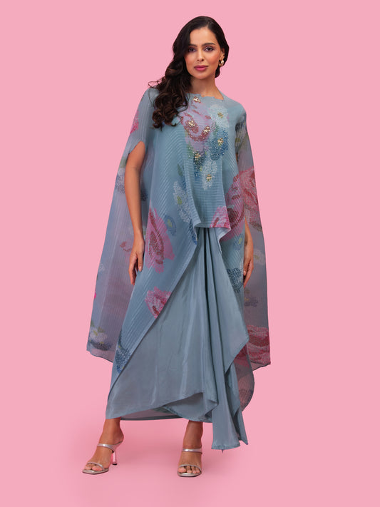 PETALS MOONLIT BLUE KAFTAN AND DRAPE SKIRT SET