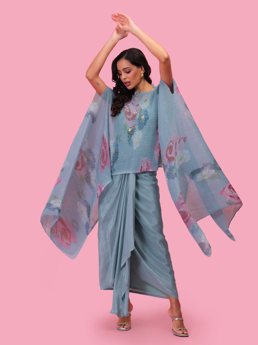 PETALS MOONLIT BLUE KAFTAN AND DRAPE SKIRT SET