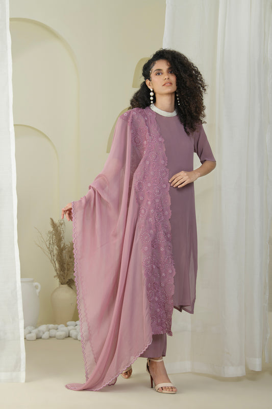 DARK MAUVE SUIT SET WITH EMBRODED DUPATTA