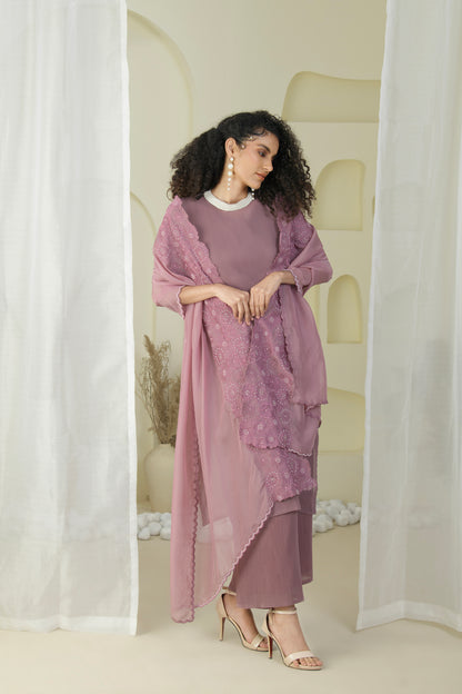 DARK MAUVE SUIT SET WITH EMBRODED DUPATTA