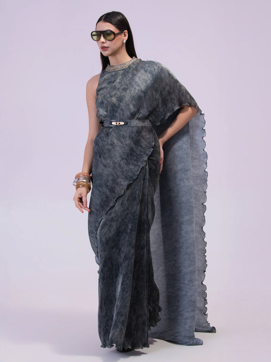 SMOKE STEEL GREY PRE-DRAPED SAREE