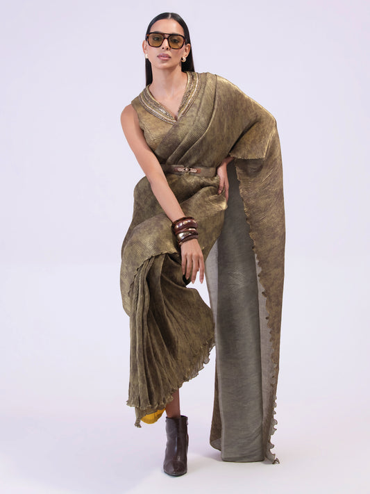 SMOKE FOREST BRONZE PRE-DRAPED SAREE
