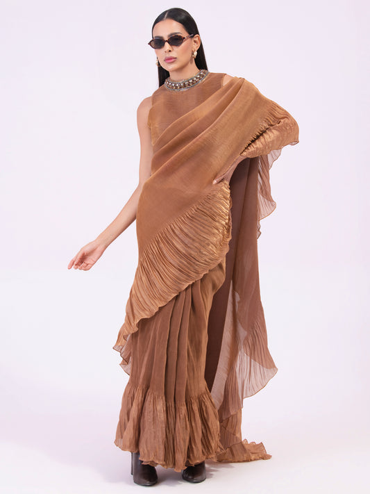 METALIC CHESTNUT PRE-DRAPED SAREE