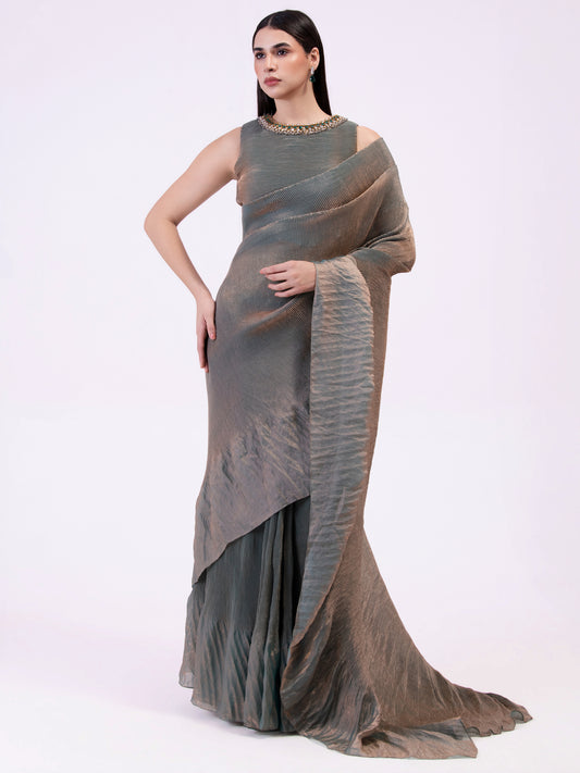'METALIC MOSS GREEN' PRE-DRAPED SAREE