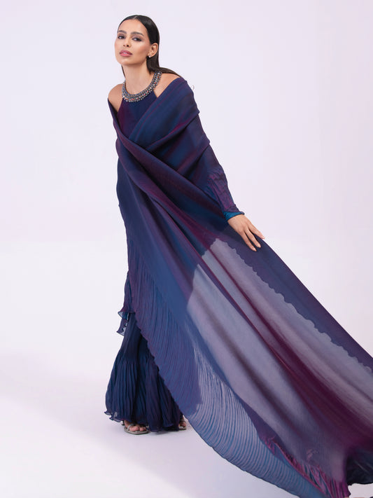 10METALIC PEACOCK BLUE PRE-DRAPED SAREE