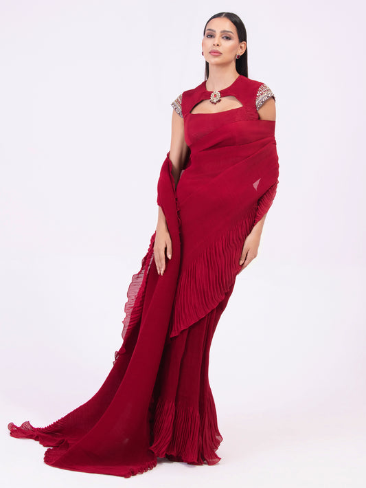 MULBERRY RED PRE-DRAPED SAREE