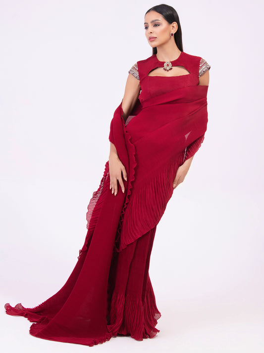 MULBERRY RED PRE-DRAPED SAREE