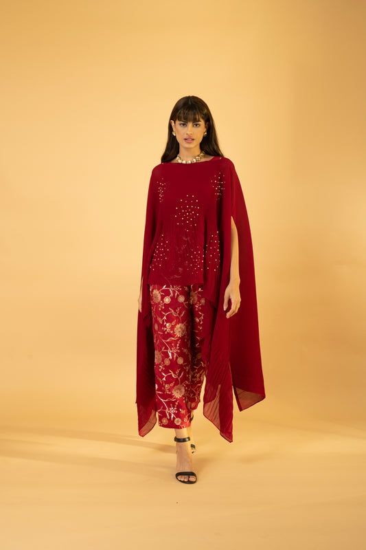 Kaftan with Banasri Pant - Cherry Red