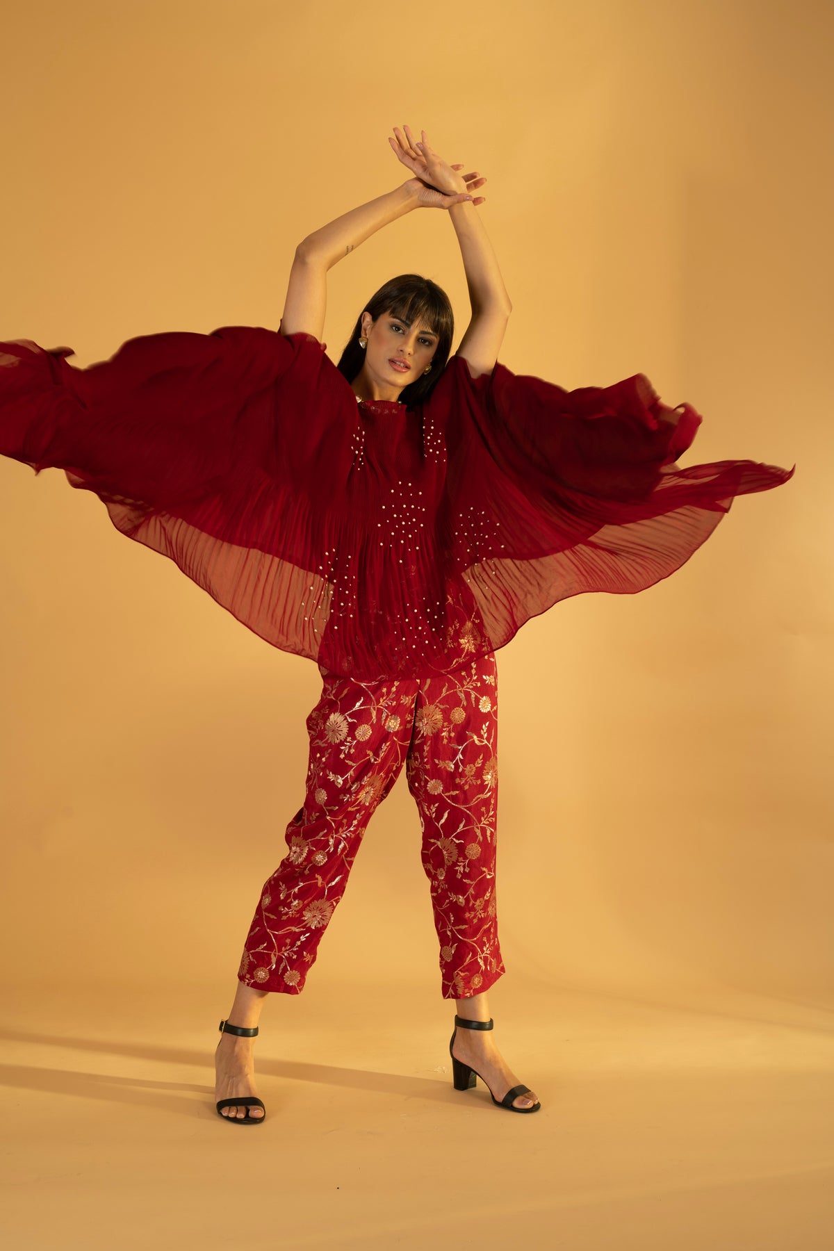 Kaftan with Banasri Pant - Cherry Red