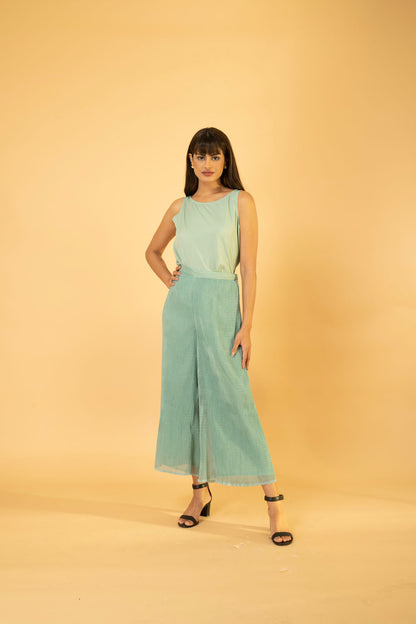 Dusty Jade Green Flower Print Pleated Stripe CO-Ord Set