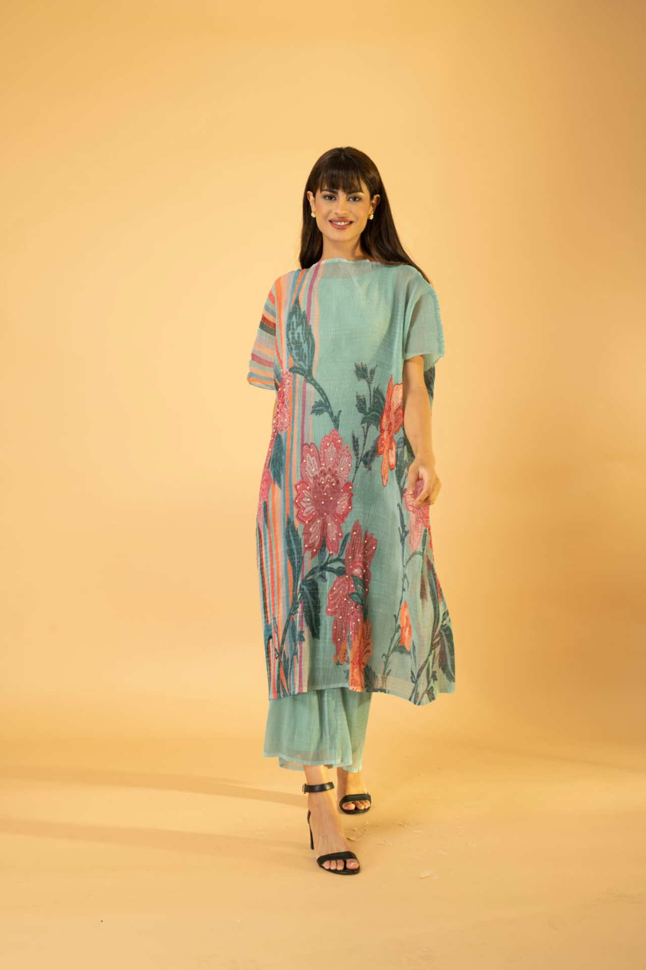 Dusty Jade Green Flower Print Pleated Stripe CO-Ord Set